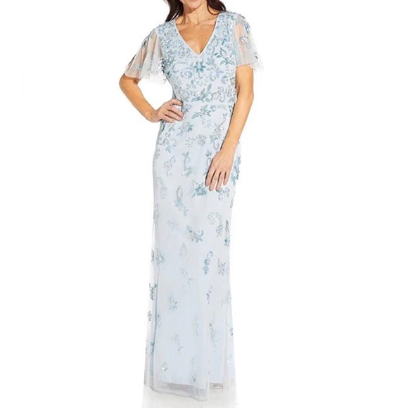 Light blue beaded Aidan Mattox v-neck short sleeved gown - Picture 2 of 3